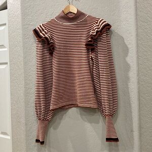 Ulla Johnson Women Rooney Striped Mock Neck Shoulder Frills Sweater Size XS/P